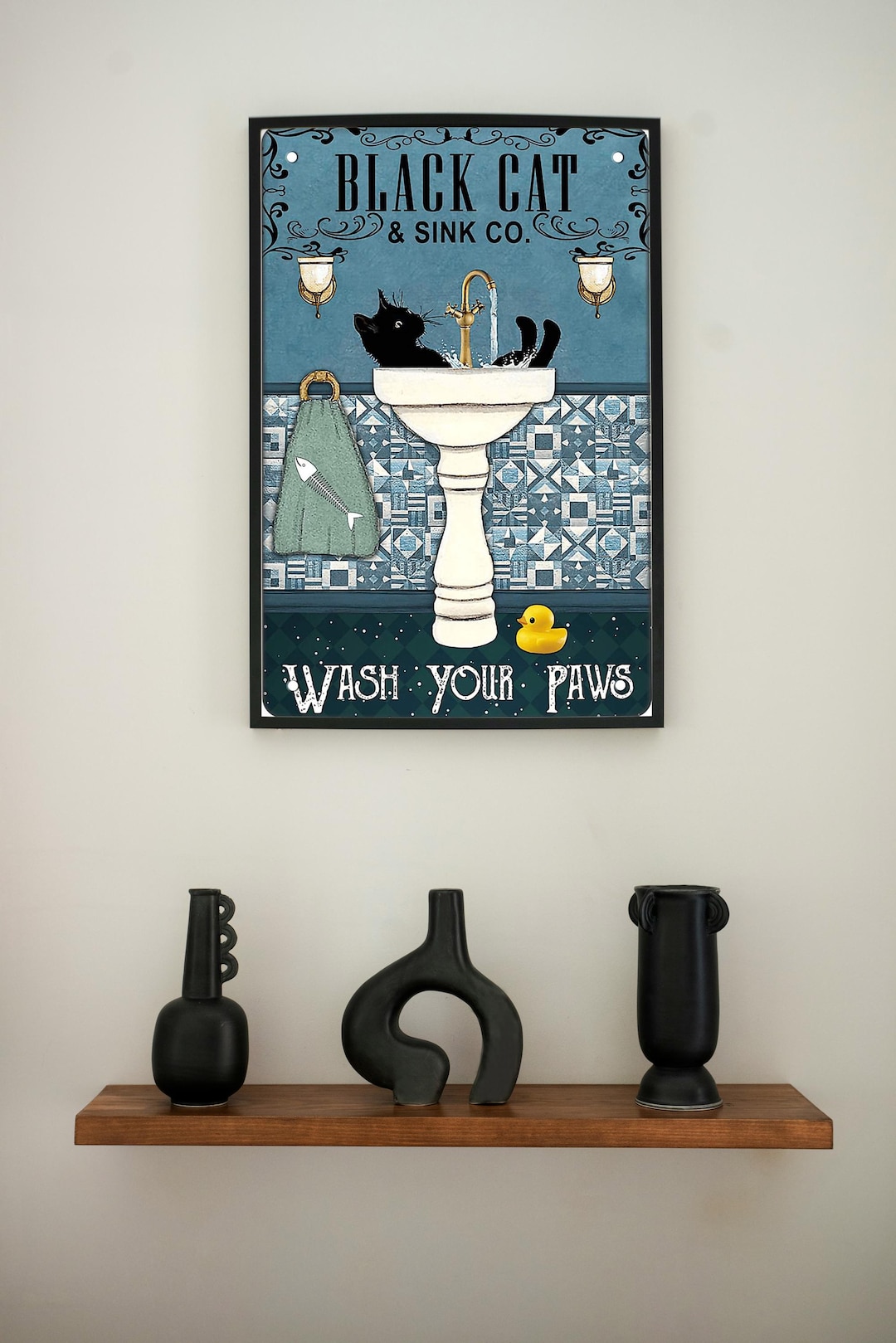 Funny Black Cat Bathroom Canvas Print, Wash Your Paws Wall Art, Cute ...