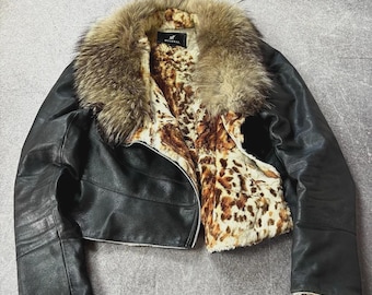 VTG 2000s Issey Miyake Style Pelz/Leder Mantel Bomberjacke Luxus Y2k