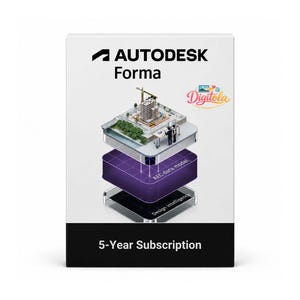 May include: A white rectangular software box for Autodesk Forma featuring a 5-Year Subscription label. The graphic displays a layered 3D architectural model with an AEC data model and design intelligence section, plus a Digitola logo at the top.