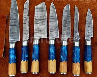 Juego de cuchillos de chef de acero de Damasco hechos a mano a medida / Colección de cuchillos de cocina profesionales para regalar
