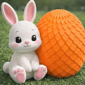 May include: A white rabbit figurine with pink inner ears, pink cheek patches, and pink paw pads, sitting next to a large, textured orange egg with a repeating scale-like pattern. The rabbit has large black eyes and a small pink nose.