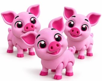 Puede incluir: Tres pequeñas figuras de cerdo de color rosa brillante con ojos grandes y expresivos, orejas puntiagudas y colas rizadas. Cada cerdo está representado de pie con una sonrisa, superficies lisas y pezuñas de color rosa oscuro.