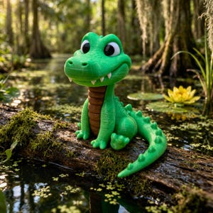 May include: A bright green 3D-printed alligator figurine with large black eyes, a wide smiling mouth showing small white teeth, and a textured brown underbelly. The creature has a long, curved tail with small spikes along the top ridge.