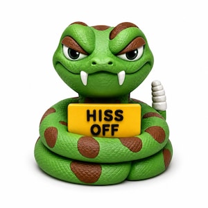 Pode incluir: Uma estatueta de cascavel enrolada, verde e castanha, com superfície texturizada, presas brancas e um guizo branco na cauda. A cobra segura uma placa retangular amarela com o texto preto HISS OFF em letras negrito entre as suas voltas.