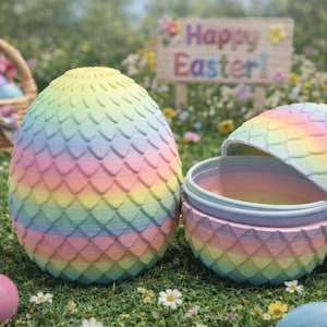May include: A pastel rainbow-colored egg-shaped container, one open, with a matching lid. The container is on a bed of green grass with Easter eggs and a basket in the background. A sign that says "Happy Easter!" is also visible.