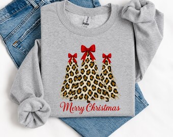 Leopard Print Christmas Sweatshirt, Coquette Bow Holiday Crewneck, Merry Christmas Sweatshirt, Trendy Christmas Gift for Her