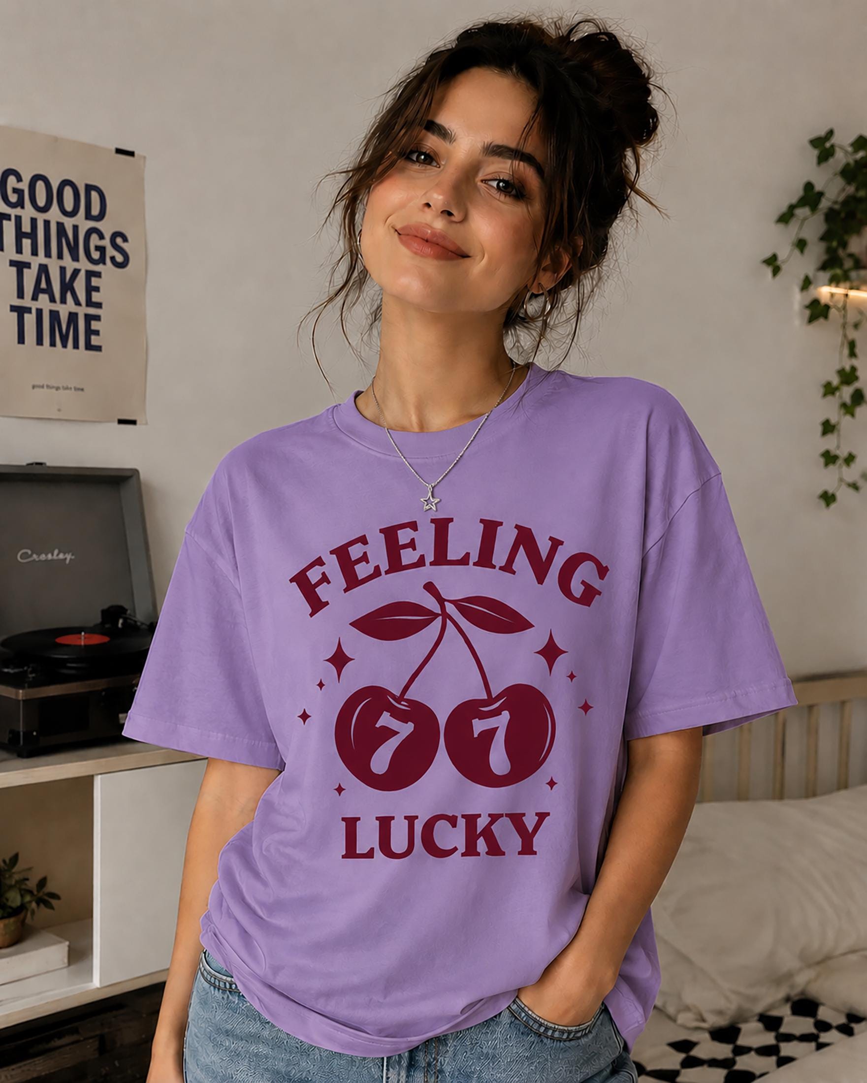 Feeling Lucky Cherry T-Shirt, Cute Retro Cherry Tee, Lucky 7 Graphic Shirt, Aesthetic Oversized Tee, Trendy Women’s Graphic Tshirt
