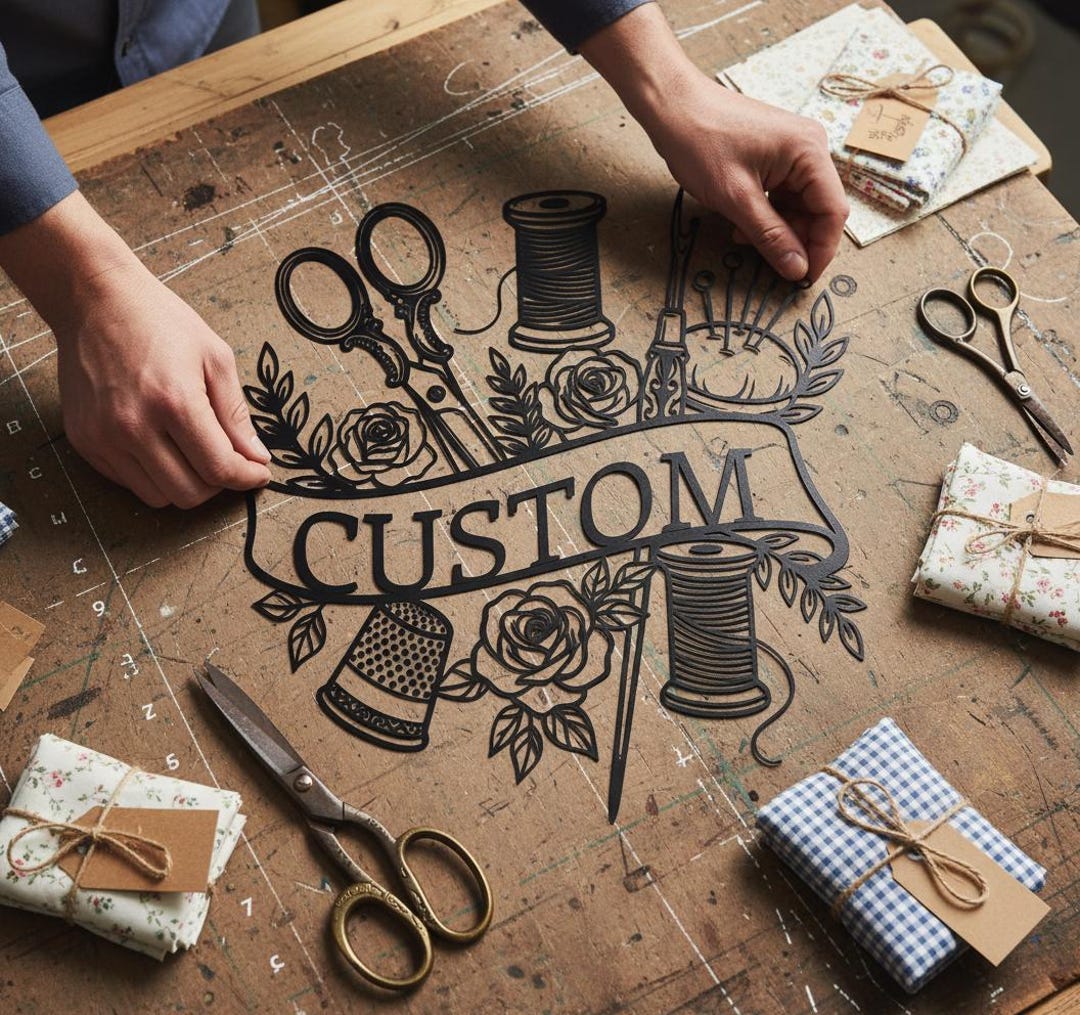 Thread Cut Sign Shop Front Custom Sewing Room Metal Sign, Personalized Seamstress Wall Art, Thread ...