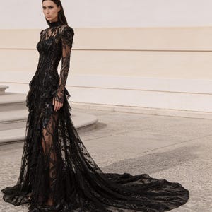 long sleeve black lace maxi dress Loving Look | Long-Sleeve Twisted Split that sit atop a figure Marlene Black Flared Lace Maxi