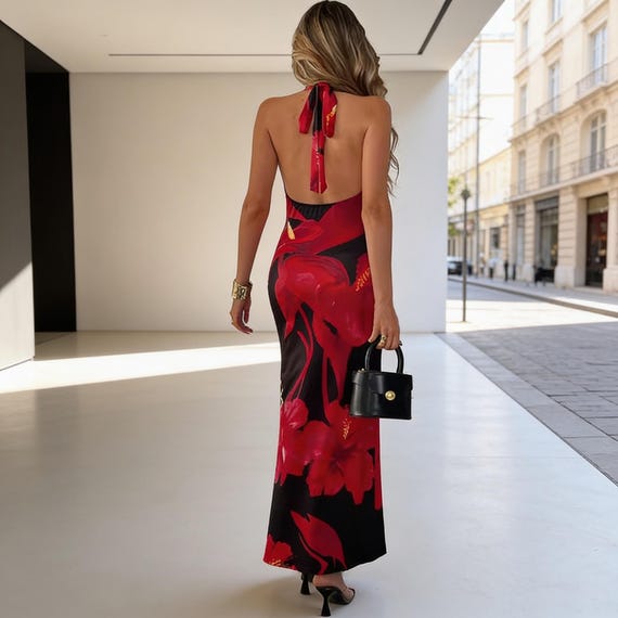 low back floral maxi dress Floral Mesh Cowl Neck Strappy Low Back Maxi Dress