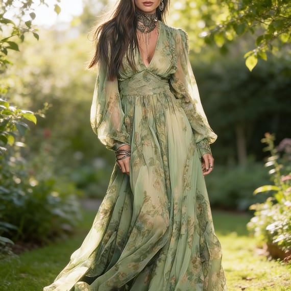 billowy bohemian dress Green Floral Chiffon Maxi Dress: Boho Beach, V-neck, High Waist Summer Flowy Long Peasant dress