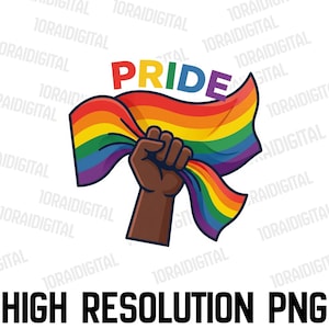 Op de afbeelding: Een afbeelding van een vuist die een regenboogvlag vasthoudt, met het woord "PRIDE" in kleurrijke letters erboven. De afbeelding is een symbool van LGBTQ+ trots en solidariteit, met de tekst "HIGH RESOLUTION PNG" eronder.