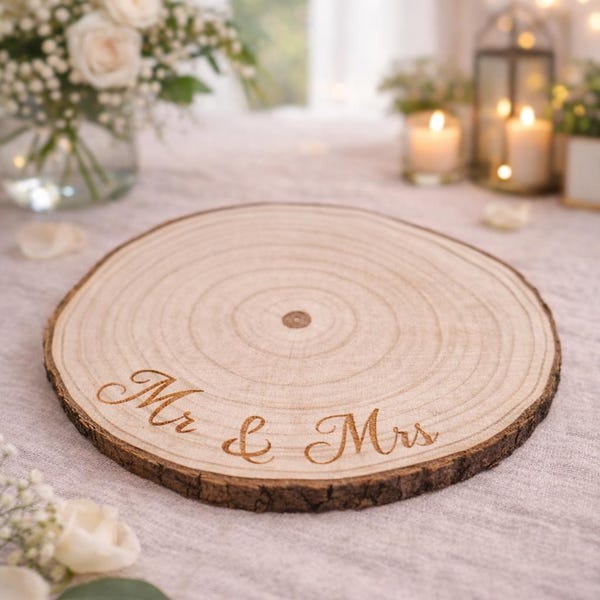 Centro de mesa de boda personalizado con soporte para tarta de madera - Decoración rústica para mesa de boda con apellidos personalizados, Sr. y Sra. - Letrero de boda con temática de bosque