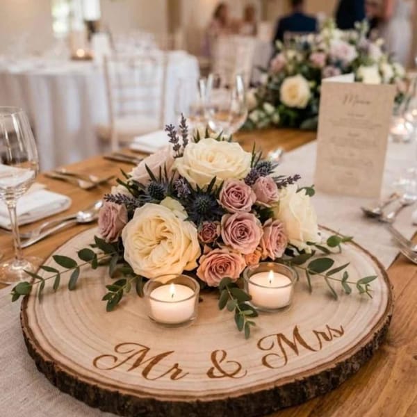 Pièce maîtresse de mariage personnalisée en tranches de bois présentoir - nom de famille personnalisé Mr et Mme décoration de table de mariage rustique - panneau de mariage Woodland