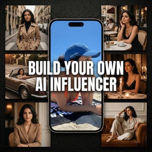 Może przedstawiać: Obraz promocyjny z tekstem "BUILD YOUR OWN AI INFLUENCER". Obraz przedstawia kobietę w różnych sceneriach, w tym na plaży, w kawiarni i w samochodzie. Kobieta ma na sobie niebieską czapkę i pomarańczowe bikini. Czarne tło.