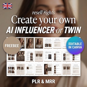 Puede incluir: Un producto digital con el texto "Create your own AI INFLUENCER or TWIN". El producto incluye un "FREEBEE" y es "EDITABLE IN CANVA". El producto está etiquetado como "PLR & MRR" y presenta imágenes de mujeres.