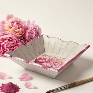 Pink Floral Wood Basket, Grey Distressed Scalloped Storage Bin, Shabby Chic Peony Organizer