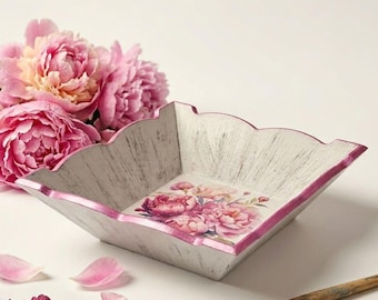 Pink Floral Wood Basket, Grey Distressed Scalloped Storage Bin, Shabby Chic Peony Organizer