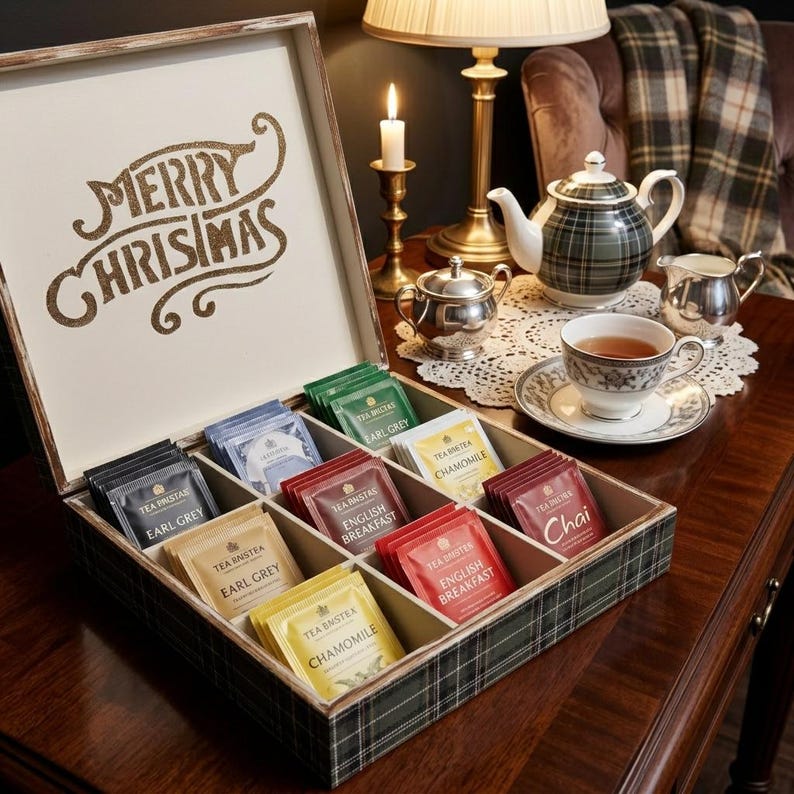 Green Tartan Plaid Tea Organizer Box With Compartments, Christmas Theme ...