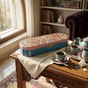 May include: An elongated rectangular wooden box with a hinged lid featuring a colorful geometric mosaic pattern in shades of yellow, purple, and blue. The base of the box is painted in a distressed teal finish with a metallic gold latch closure.