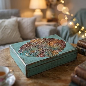 May include: A rectangular wooden box with a distressed teal finish and a prominent, raised central medallion featuring intricate, swirling floral patterns in shades of copper, bronze, and gold, set against a weathered, textured surface.