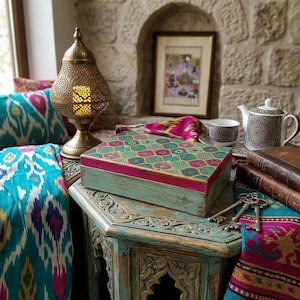 Hand Painted Boho Wooden Tea Chest with 8 Compartments, Patterned Mosaic Decorative Keepsake