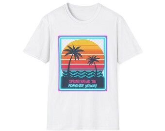 Retro Sunset Palm Trees Spring Break '86 T-Shirt | Neon Beach Graphic