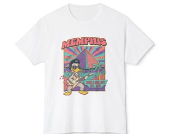 Memphis Retro Duck Guitar T-Shirt | Neon Beach Vintage Vibes