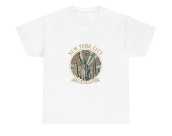 New York City Skyline Tee | Vintage Retro Colors, Statue of Liberty Graphic