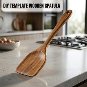 May include: A wooden spatula with a wide, curved head and a long handle featuring a circular hole at the end. The wood grain is visible throughout the surface. The text DIY TEMPLATE WOODEN SPATULA is displayed in a black font on a white rectangular background.