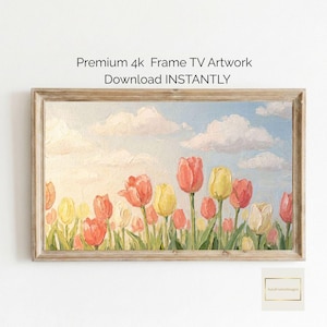 Peut inclure: Peinture encadrée d'un champ de tulipes rouges, jaunes et blanches, sur fond de ciel bleu et de nuages blancs. L'œuvre est intitulée "Premium 4k Frame TV Artwork Download INSTANTLY."