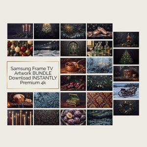 May include: A collection of digital art prints for a Samsung Frame TV, featuring various holiday and winter scenes including candles, ornaments, a nutcracker, a Christmas tree, a sleigh, and festive patterns with the text Samsung Frame TV Artwork BUNDLE Download INSTANTLY Premium 4k.