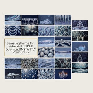 May include: A digital collection of Samsung Frame TV artwork featuring winter and holiday themes in shades of blue, white, and silver. The bundle includes images of northern lights, icicles, ornaments, pinecones, ice skates, and snowy landscapes.