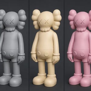 May include: Five colorful vinyl figures in black, gray, cream, pink, and blue. Each figure has a distinctive skull-like head with crossed-out eyes and rounded ears. They are posed standing with arms at their sides.