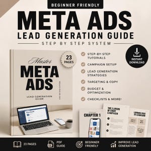 May include: A 23-page digital guide titled Meta Ads Lead Generation Guide. The cover features a laptop displaying a Facebook page. Included are step-by-step tutorials, campaign setup, lead generation strategies, targeting, copy, budget, and optimization.