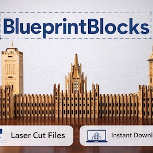 Puede incluir: Maqueta de madera de un horizonte urbano, con tres estructuras distintas, incluida una torre del reloj. El modelo está hecho de madera cortada con láser y está etiquetado como "BlueprintBlocks". La imagen también incluye el texto "Laser Cut Files" e "Instant Download".