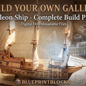 May include: A wooden galleon ship model with sails and rigging, displayed with blueprints and the text "BUILD YOUR OWN GALLEON." The model is brown and tan, with detailed construction. The image also includes the text "Galleon Ship - Complete Build Plans."