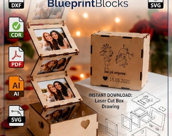Personalized Explosion Photo Box Laser Cut File, Gift Box Design, Wedding Memory Box, Dxf Cdr Pdf Ai Svg Digital Download