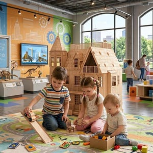 May include: Children playing with wooden toys in a brightly lit room. A large wooden house and a colorful play mat are central. Other toys include blocks, a ramp, and a toy car. The room has displays with educational exhibits.