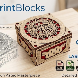 May include: A laser-cut Aztec-themed box with detailed patterns. The box has a circular top and decorative sides. The text "BlueprintBlocks" and "LASER CUT FILE" are visible. The image also includes a blueprint and file type icons.