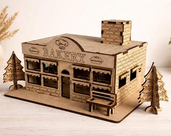 3D Bakery Shop Laser Cut Model Kit – Miniature Wooden House (Digital Download)