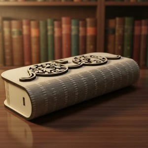 Pode incluir: Uma caixa de madeira de cor clara com um design decorativo na parte superior, que se assemelha a um livro. A caixa tem uma forma curva e é colocada sobre uma superfície de madeira, com uma estante desfocada ao fundo.