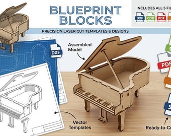 3D Grand Piano Jewelry Box Laser Cut Files, Musical Miniature Model (dxf, cdr, pdf, ai, svg)