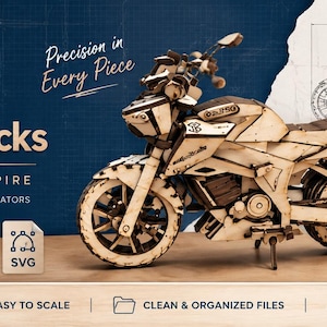 Op de afbeelding: Een gedetailleerd houten motorfietsmodel, tegen een blauwe achtergrond. De afbeelding bevat de tekst "BlueprintBlocks" en "Precision in Every Piece". Het ontwerp is lasergesneden en ontworpen voor makers.