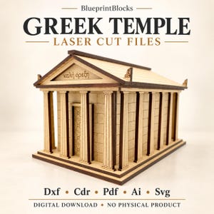 Op de afbeelding: Een lasergesneden houten model van een Griekse tempel met zuilen, een fronton met de tekst "καλή όρεξη" en een rechthoekige basis. De bovenste tekst luidt "BlueprintBlocks GREEK TEMPLE LASER CUT FILES" en onderaan "Dxf Cdr Pdf Ai Svg".