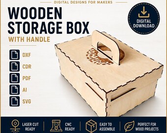 Laser Cut Wooden Storage Box with Handle, Parametric Box Template, Dxf Cdr Pdf Ai Svg Files, CNC Laser Cut Digital Download BlueprintBlocks!