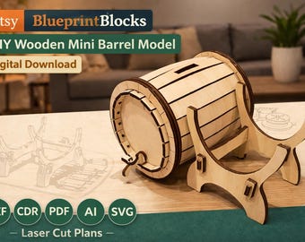 Wooden Barrel Piggy Bank Laser Cut File, 3D Puzzle Model Plans (Digital Download)