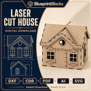 Könnte beinhalten: Ein lasergeschnittenes Hausmodell aus hellbraunem Holz mit Schindeldach, dekorativen Fensterrahmen und einer zentralen Tür. Das Bild enthält technische Baupläne und den Text: BlueprintBlocks, LASER CUT HOUSE, DIGITAL DOWNLOAD, DXF, CDR, PDF, AI, SVG.