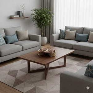 May include: A modern living room setup featuring two gray sofas, a wooden coffee table, and a patterned rug. Decorative pillows in blue and beige add color. A potted plant and a decorative tray with a tree design complete the scene.