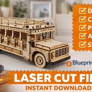 クラシックサファリバス3Dパズルレーザーカットファイル（3mm MDF木製スクールバスモデルミニチュアベクタープラン、Dxf、Cdr、Pdf、Ai Svgデジタルダウンロード）